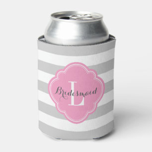 Grey and Pink Preppy Stripes Monogram Can Cooler