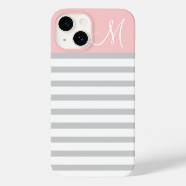 Grey and Pink Preppy Stripes Monogram Case-Mate iPhone Case (Back)