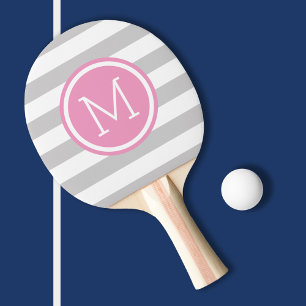 Grey and Pink Preppy Stripes Monogram Ping Pong Paddle