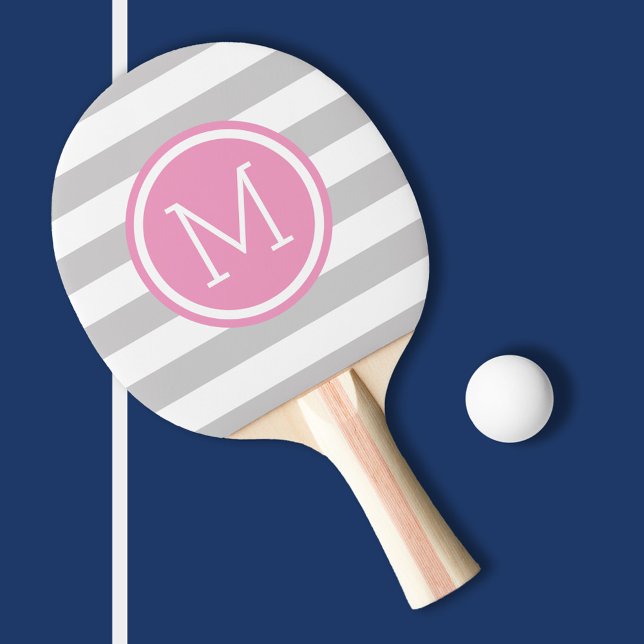 Grey and Pink Preppy Stripes Monogram Ping Pong Paddle (Creator Uploaded)