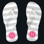 Grey and Pink Preppy Stripes Monogram Thongs<br><div class="desc">Custom printed flip flop sandals with a preppy nautical stripe pattern and your custom monogram or other text in a circle frame. Click Customise It to change text fonts and colours or add your own images to create a unique one of a kind design!</div>