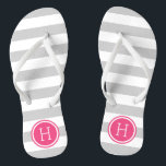 Grey and Pink Preppy Stripes Monogram Thongs<br><div class="desc">Custom printed flip flop sandals with a preppy nautical stripe pattern and your custom monogram or other text in a circle frame. Click Customise It to change text fonts and colours or add your own images to create a unique one of a kind design!</div>