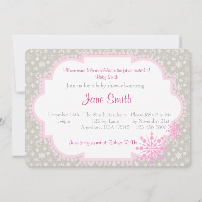 Grey and Pink Snowflake Baby Shower Invitation (Front)