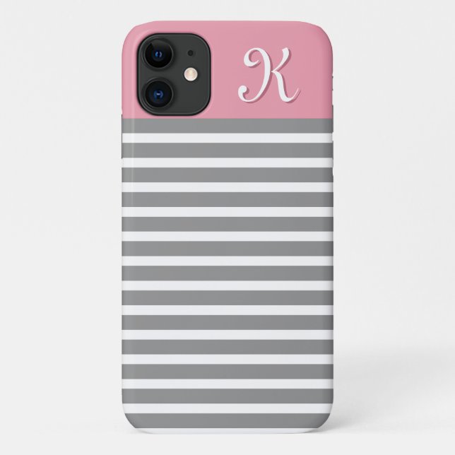 Grey and Pink Striped Pattern Monogram Case-Mate iPhone Case (Back)