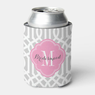 Grey and Pink Trellis Monogram Can Cooler