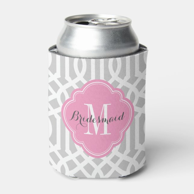 Grey and Pink Trellis Monogram Can Cooler (Can Front)