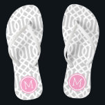 Grey and Pink Trellis Monogram Thongs<br><div class="desc">Custom printed flip flop sandals with a stylish modern trellis pattern and your custom monogram or other text in a circle frame. Click Customise It to change text fonts and colours or add your own images to create a unique one of a kind design!</div>