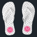 Grey and Pink Trellis Monogram Thongs<br><div class="desc">Custom printed flip flop sandals with a stylish modern trellis pattern and your custom monogram or other text in a circle frame. Click Customise It to change text fonts and colours or add your own images to create a unique one of a kind design!</div>