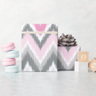 Grey and Pink Tribal Ikat Chevron Wrapping Paper