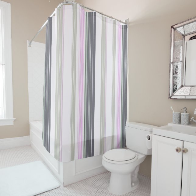 Grey and pink vertical stripes. shower curtain (In Situ)