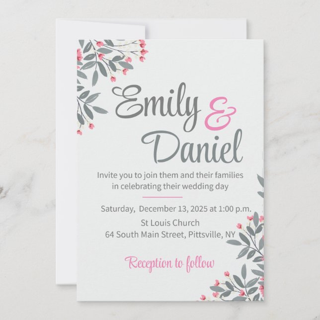 Grey and Pink Wedding  Invitation (Front)