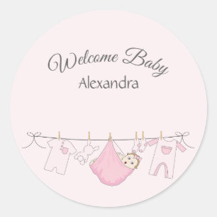Grey and Pink Welcome Baby Girl Adorable Classic Round Sticker