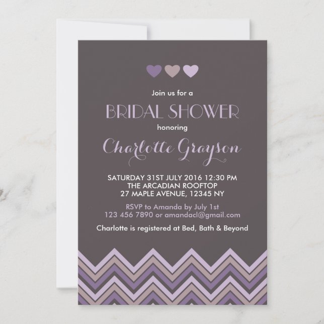 Grey and Purple Chevron Bridal Shower Invitation (Front)