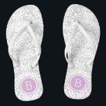 Grey and Purple Floral Damask Monogram Thongs<br><div class="desc">Custom printed flip flop sandals with a stylish elegant floral damask pattern and your custom monogram or other text in a circle frame. Click Customise It to change text fonts and colours or add your own images to create a unique one of a kind design!</div>