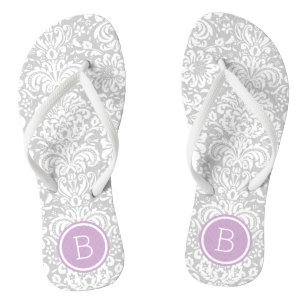Grey and Purple Floral Damask Monogram Thongs