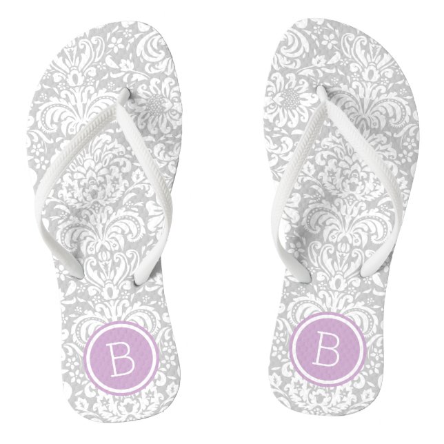 Grey and Purple Floral Damask Monogram Thongs (Footbed)