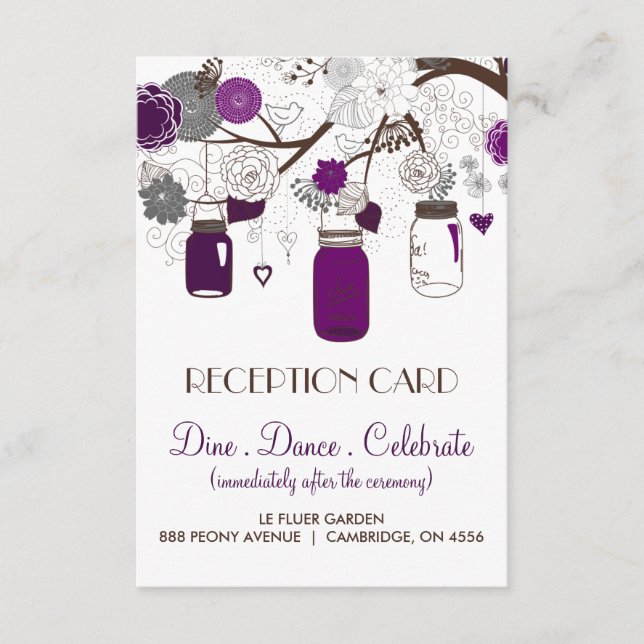 Grey and Purple Floral Mason Jars Reception Card (Front)