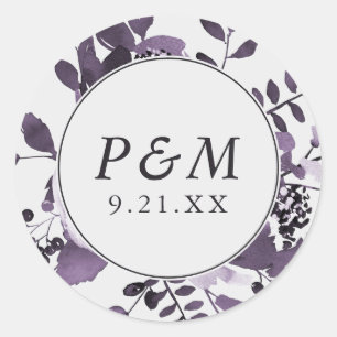 Grey and Purple Floral Save the Date or Wedding Classic Round Sticker