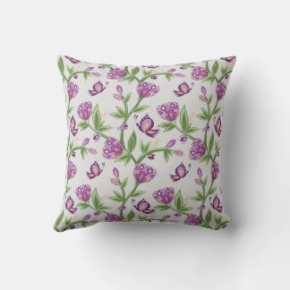 Grey and purple flower pillow with butterflies