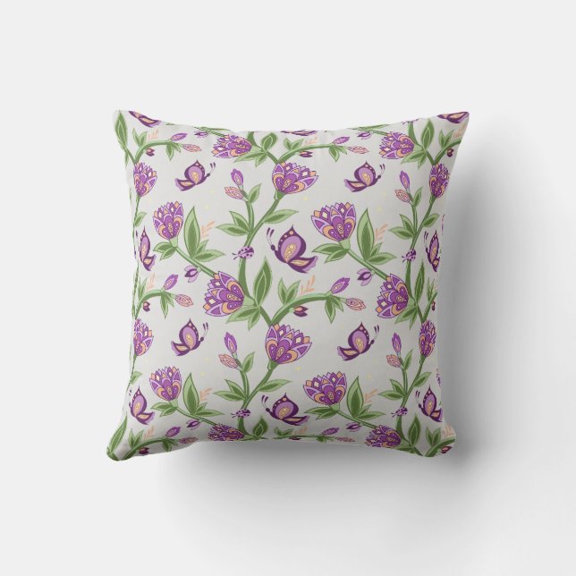 Grey and purple flower pillow with butterflies (Back)