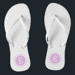 Grey and Purple Greek Key Monogram Thongs<br><div class="desc">Custom printed flip flop sandals with a stylish modern Greek key pattern and your custom monogram or other text in a circle frame. Click Customise It to change text fonts and colours or add your own images to create a unique one of a kind design!</div>