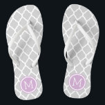 Grey and Purple Moroccan Quatrefoil Monogram Thongs<br><div class="desc">Custom printed flip flop sandals with a stylish Moroccan quatrefoil pattern and your custom monogram or other text in a circle frame. Click Customise It to change text fonts and colours or add your own images to create a unique one of a kind design!</div>