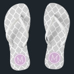 Grey and Purple Moroccan Quatrefoil Monogram Thongs<br><div class="desc">Custom printed flip flop sandals with a stylish Moroccan quatrefoil pattern and your custom monogram or other text in a circle frame. Click Customise It to change text fonts and colours or add your own images to create a unique one of a kind design!</div>