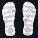 Grey and Purple Preppy Stripes Monogram Thongs<br><div class="desc">Custom printed flip flop sandals with a preppy nautical stripe pattern and your custom monogram or other text in a circle frame. Click Customise It to change text fonts and colours or add your own images to create a unique one of a kind design!</div>