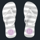 Grey and Purple Preppy Stripes Monogram Thongs<br><div class="desc">Custom printed flip flop sandals with a preppy nautical stripe pattern and your custom monogram or other text in a circle frame. Click Customise It to change text fonts and colours or add your own images to create a unique one of a kind design!</div>