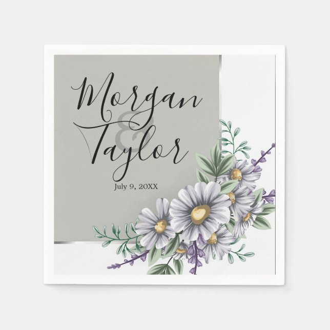 Grey and Purple watercolor Flowers Napkin (Front)