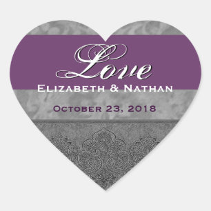 Grey and Purple Wedding Damask Heart Sticker