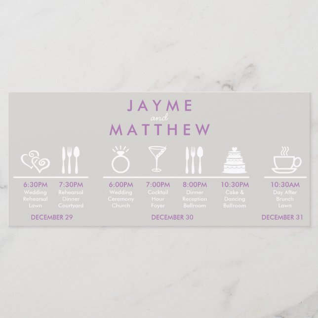 Grey and Purple Wedding Timeline Welcome Bag Note Program (Front)