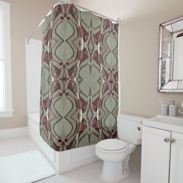 Grey and Red Abstract Art Shower Curtain (In Situ)