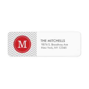 Grey and Red Chevron Monogram Return Address Return Address Label