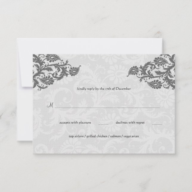 Grey and Red Damask Swirl RSVP Postcard (Front)