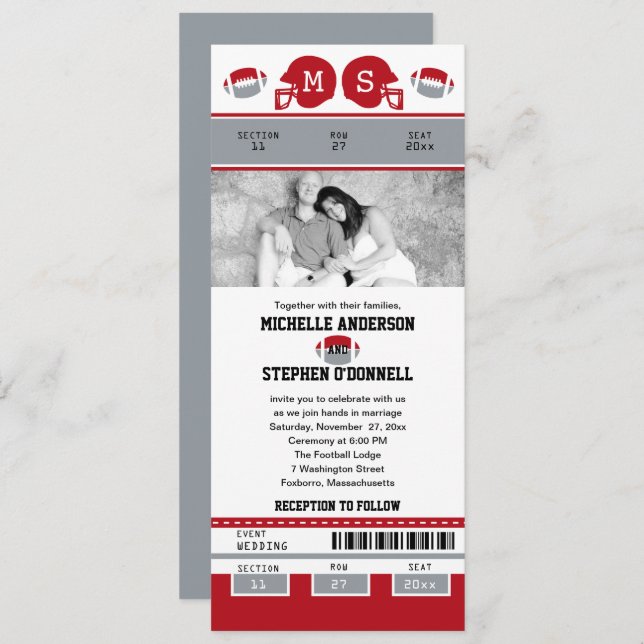 Grey and Red Football Ticket Wedding Invitation (Front/Back)