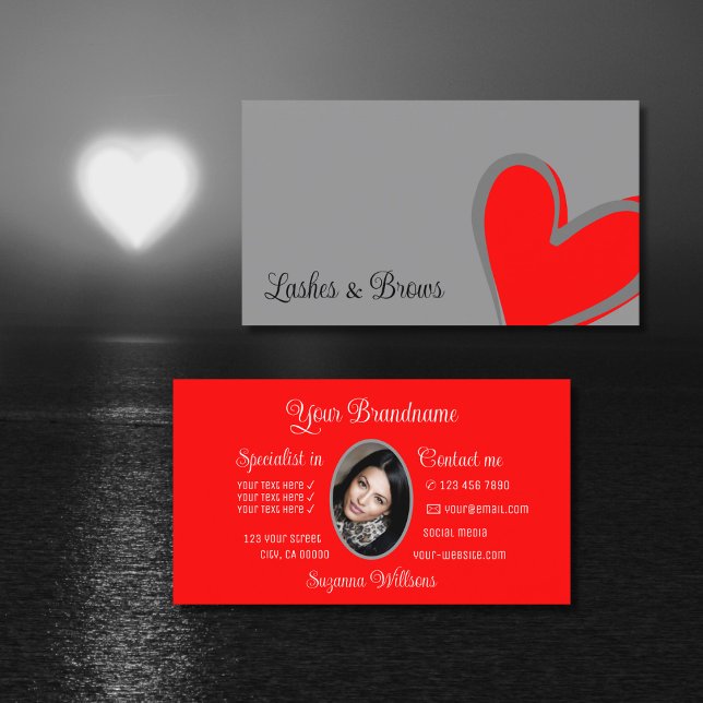 Grey and Red Gorgeous Heart Modern with Photo Cute Business Card (Creator Uploaded)