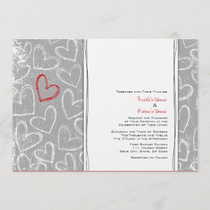 Grey and Red Grunge Hearts Wedding Invitations