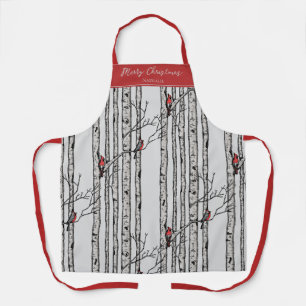 Grey and Red Merry Christmas Cardinal Bird Birch Apron