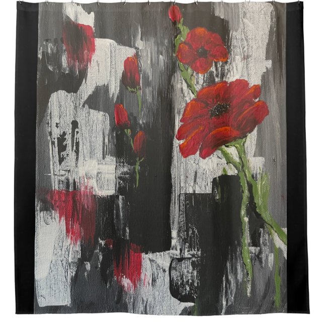 Grey and  Red Poppy Rose Shower Curtain (Front)