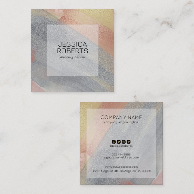 Grey and Rose-Gold Brush Strokes background Square Business Card (Front/Back)
