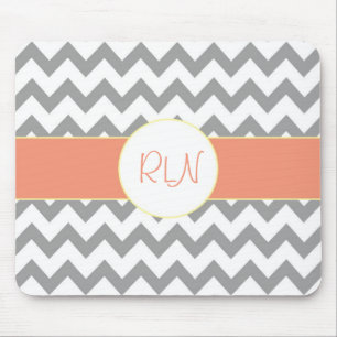 Grey and Salmon Chevron Striped Monogram Mouse Pad