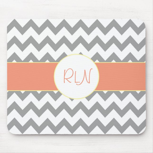 Grey and Salmon Chevron Striped Monogram Mouse Pad (Front)
