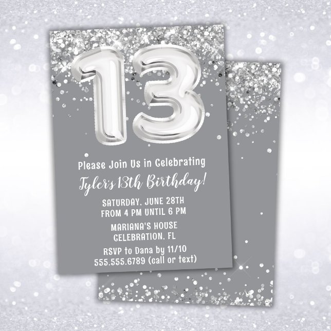 Grey and Silver 13th Birthday Invitation (Creator Uploaded)