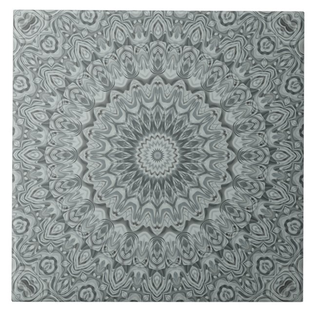 Grey and Silver Mandala Pattern Design Ceramic Tile (Front)