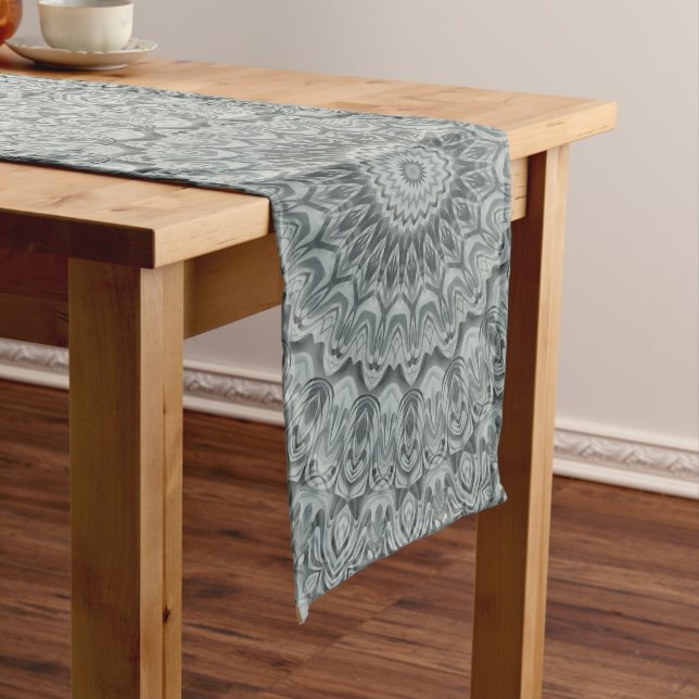 Grey and Silver Mandala Pattern Design Long Table Runner (In Situ)