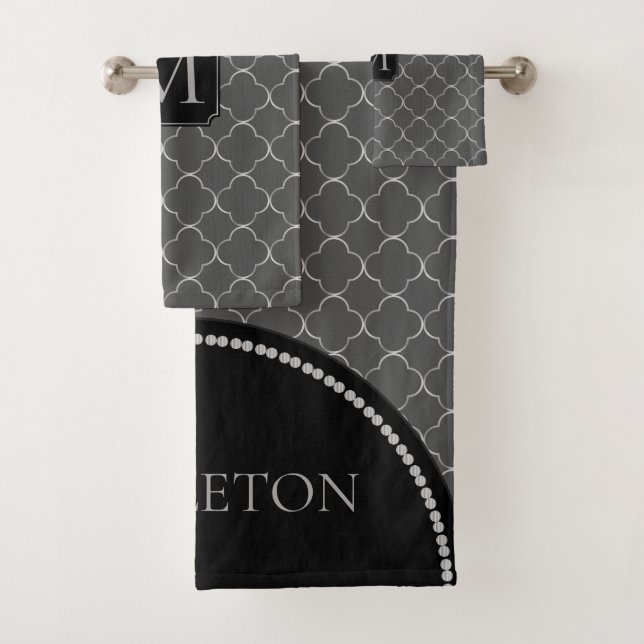 Grey and Silver Quatrefoil - Monogram Bath Towel Set (Insitu)