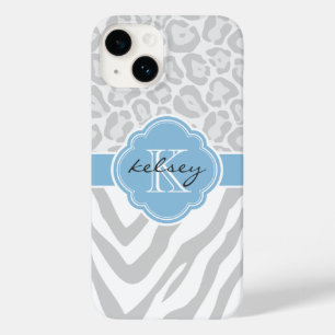 Grey and Sky Blue Animal Print Monogram Case-Mate iPhone 14 Case