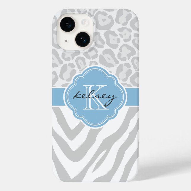 Grey and Sky Blue Animal Print Monogram Case-Mate iPhone Case (Back)