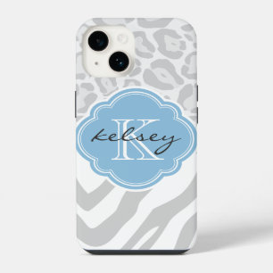 Grey and Sky Blue Animal Print Monogram iPhone Case